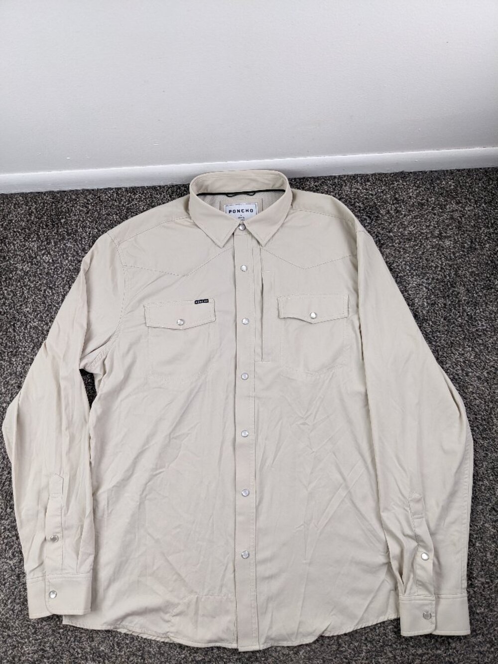 Poncho Shirt Nylon Western Pearl Snap Long Sleeve Stretch Mens Large Beige Tan